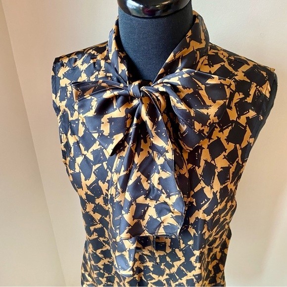 Nine West Tops - NINE WEST Blouse V-Neck Tie Neck Sleeveless Top Black Brown Silky Satin NWT